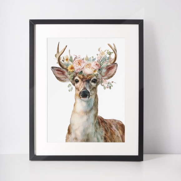 Watercolor Deer with Flower Wreath Illustration Wall Art Print Poster, Unframed - Picture 3 of 6